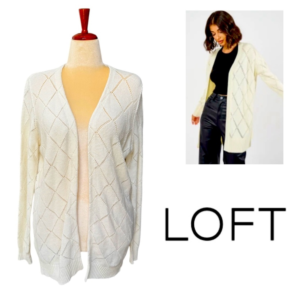 LOFT Cream White Diamond Design Knit Cardigan Sweater NWT Long Sleeve Op…